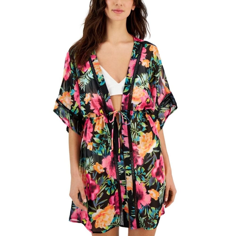 Miken Sm Swimwear Cover-up Ladder-Trim Drawstring-Waist Caftan Kimono Swimsuit